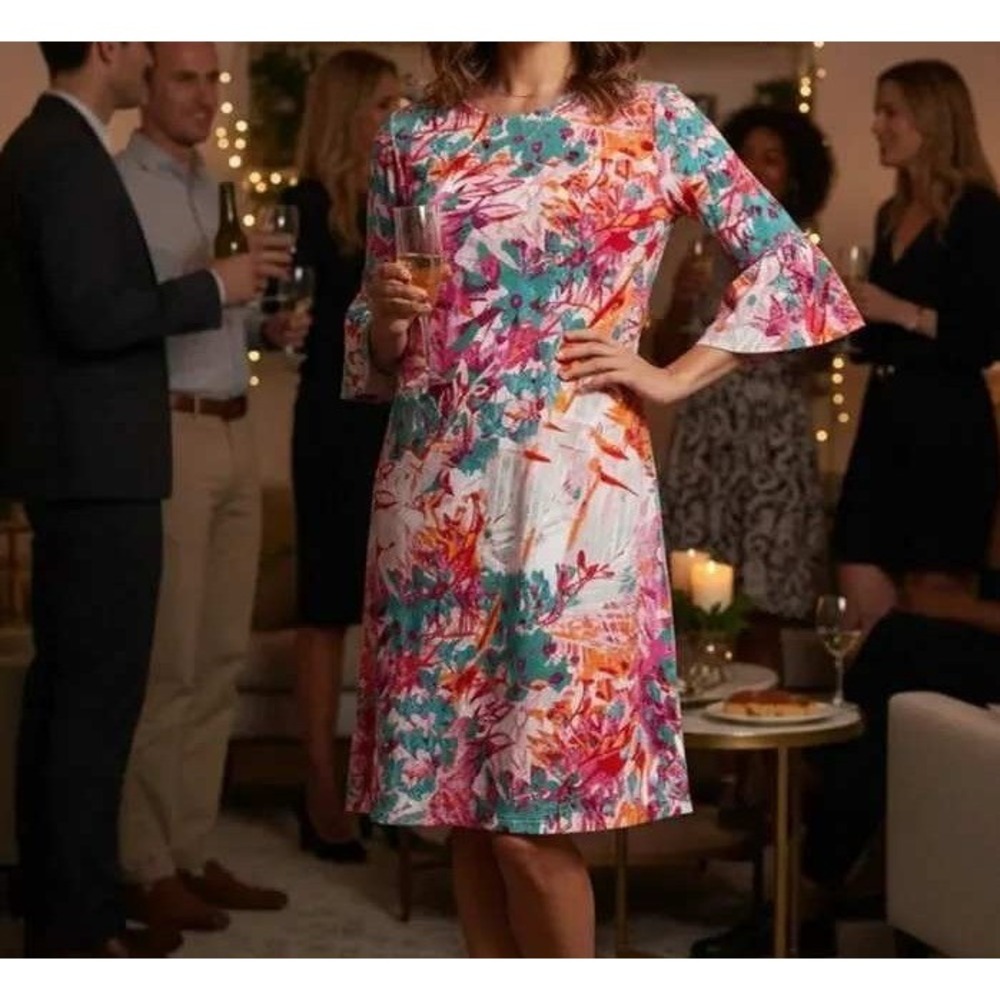 Alexandra + Oak Womens XXL Dress Coral Floral Bell Sleeve Abstract Shift Tunic